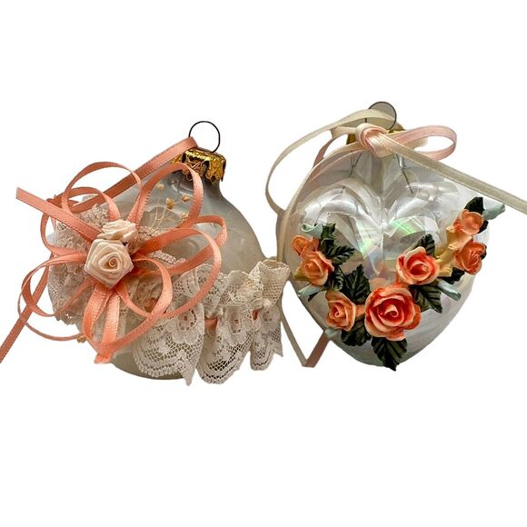 Decorative Ornaments Peach Glam Ribbon Lacy Frosted Ball Heart Roses Clear Glass - Picture 2 of 13